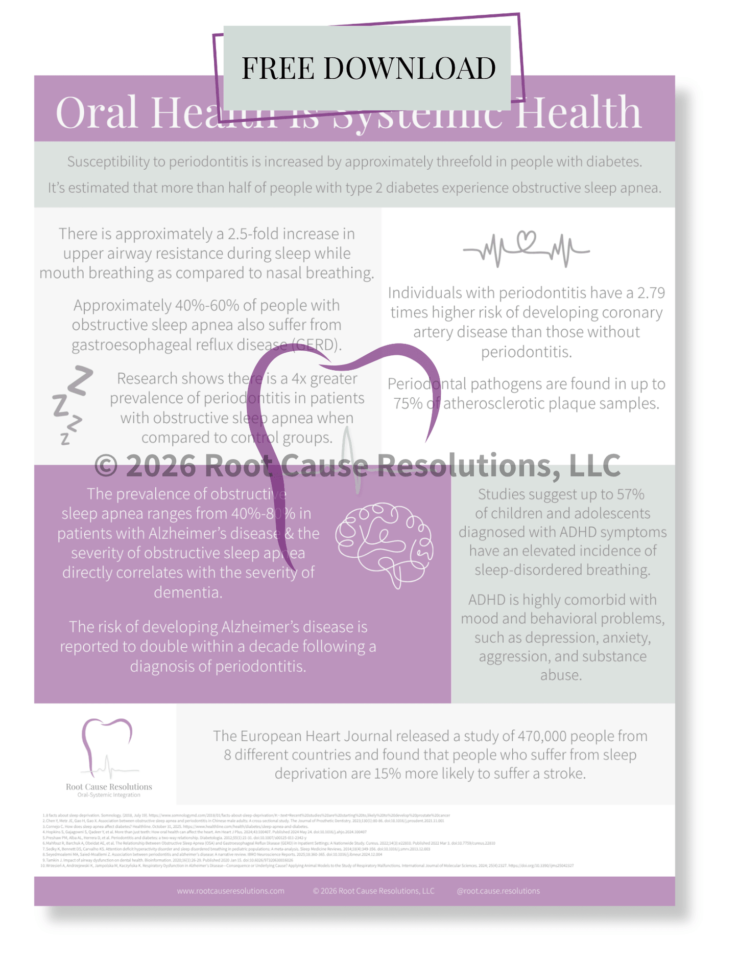 Brochure about the connection between oral health and systemic health with a purple and white design.